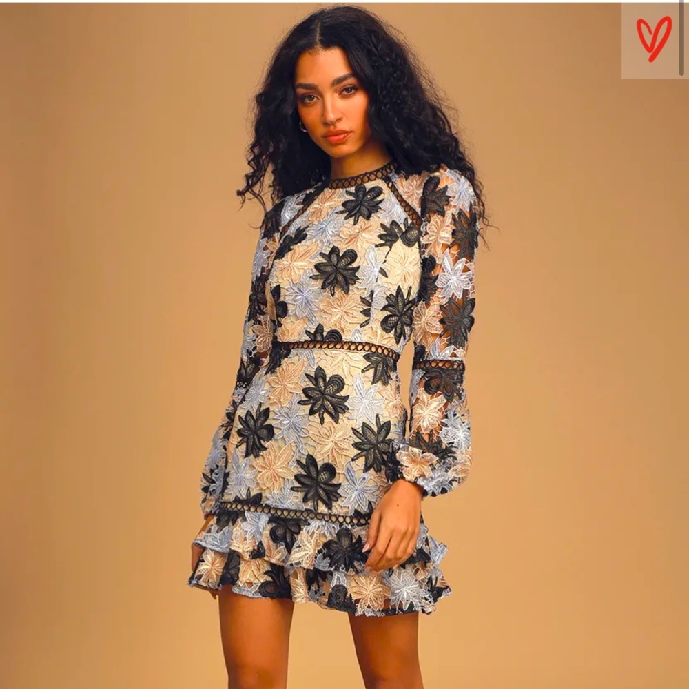 LuLus Floral Crochet Lace Ruffled Mini Dress
